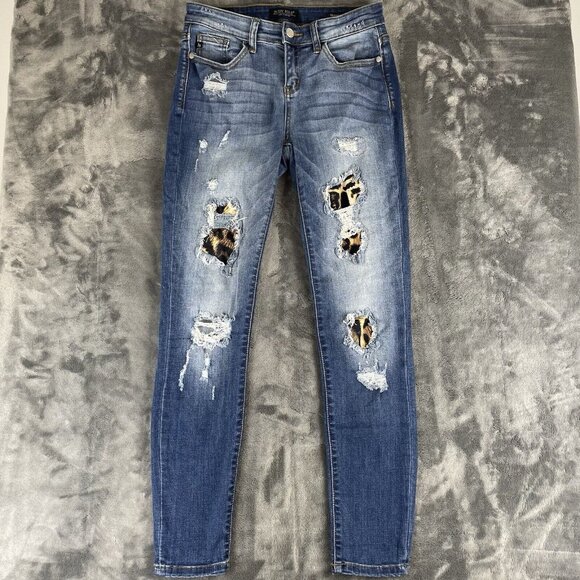 Judy Blue Womens Distressed Skinny Fit Leopard Cheetah Patches Jeans Size 5/27 - Picture 1 of 13